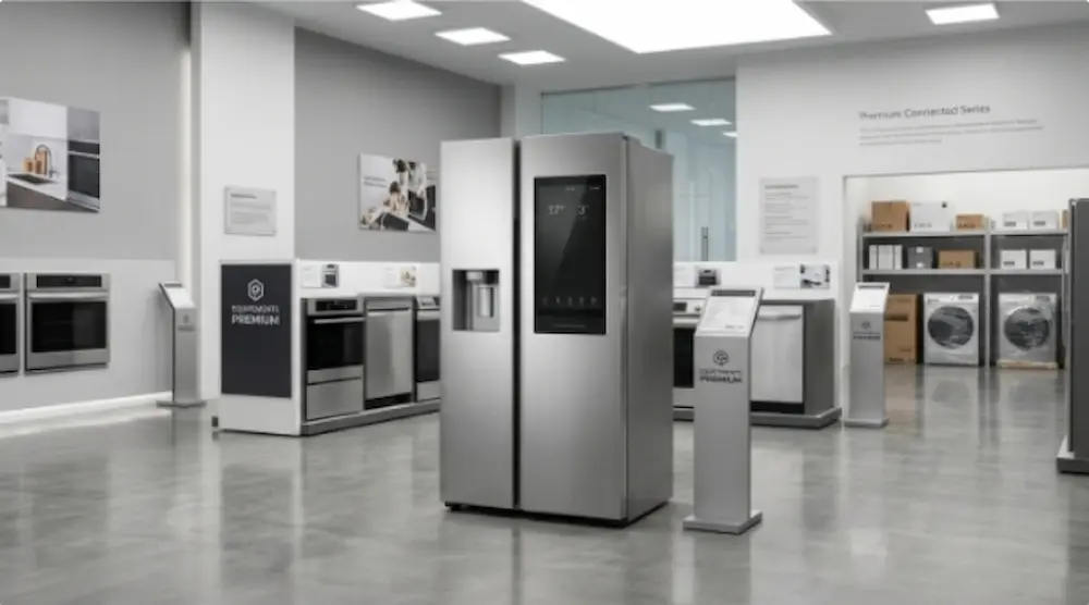 Réfrigérateur américain connecté et équipements premium en showroom Abidjan