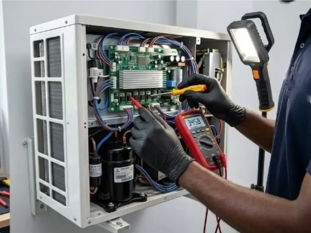 Technicien testant avec un multimètre la carte électronique d'un climatiseur split