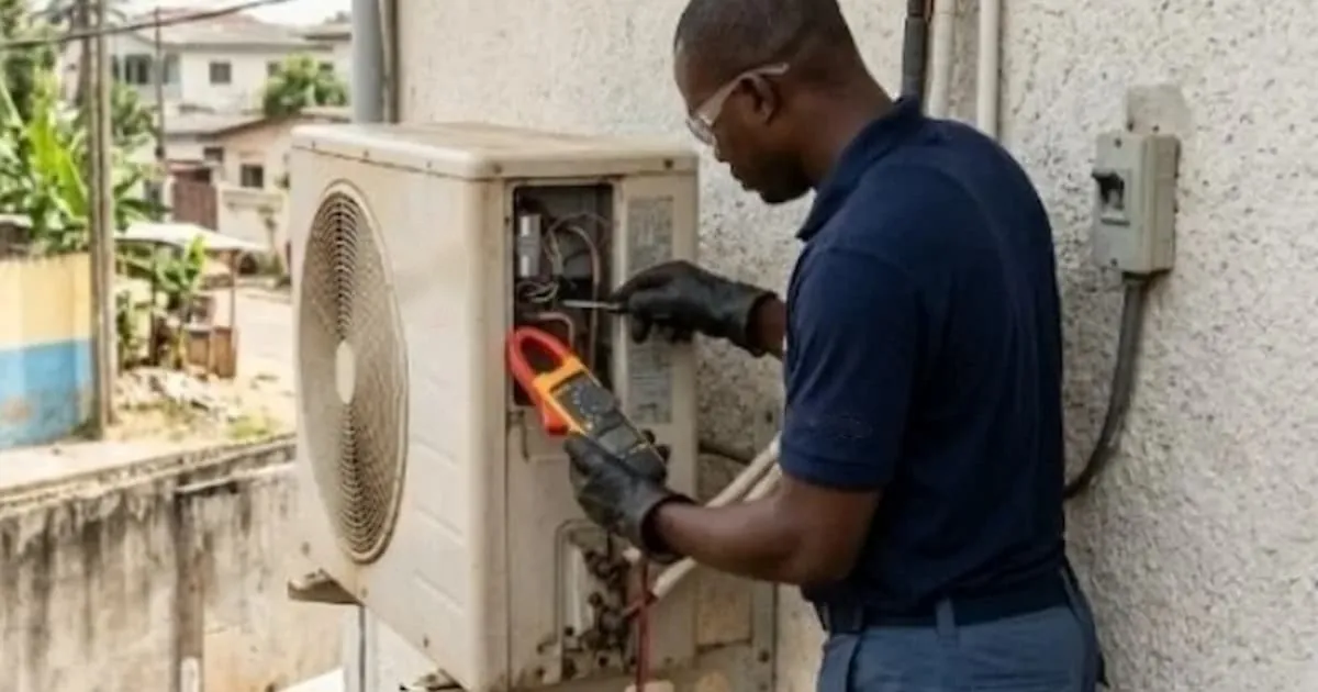 Technicien réparant un climatiseur split à Abidjan avec une pince ampèremétrique