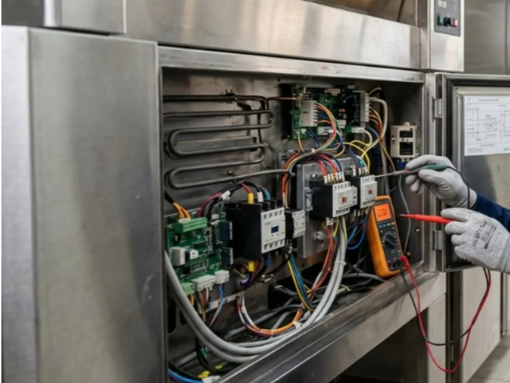 Technicien vérifiant avec un multimètre le coffret électrique d'un four de boulangerie