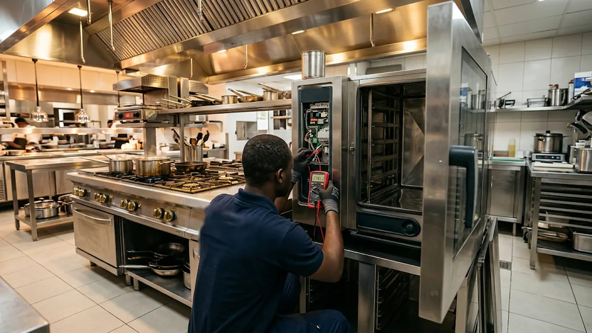 Technicien contrôlant avec un multimètre l'électronique d'un four professionnel dans une grande cuisine de restaurant