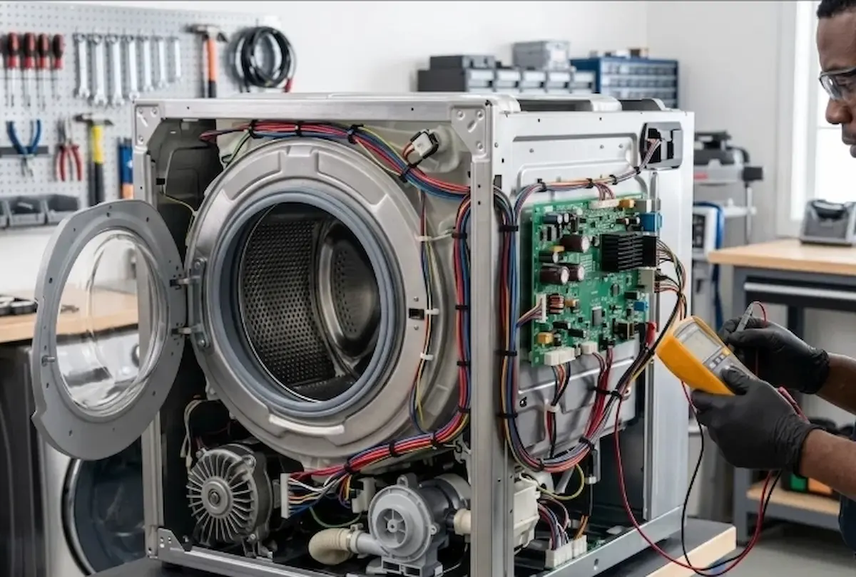 Diagnostic électronique lave-linge hublot haut de gamme, carte de commande et câblage