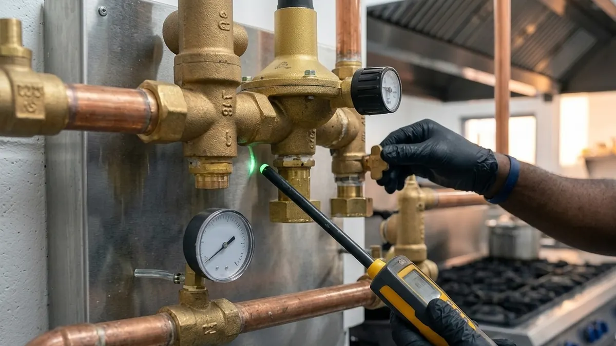 Technicien testant l'étanchéité d'un circuit gaz en cuivre avec un détecteur de fuite dans une cuisine professionnelle