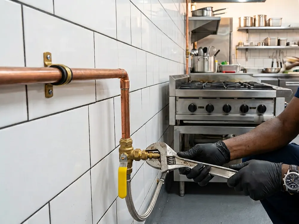 Technicien serrant le raccordement d'un flexible inox entre une vanne gaz jaune et une cuisinière professionnelle