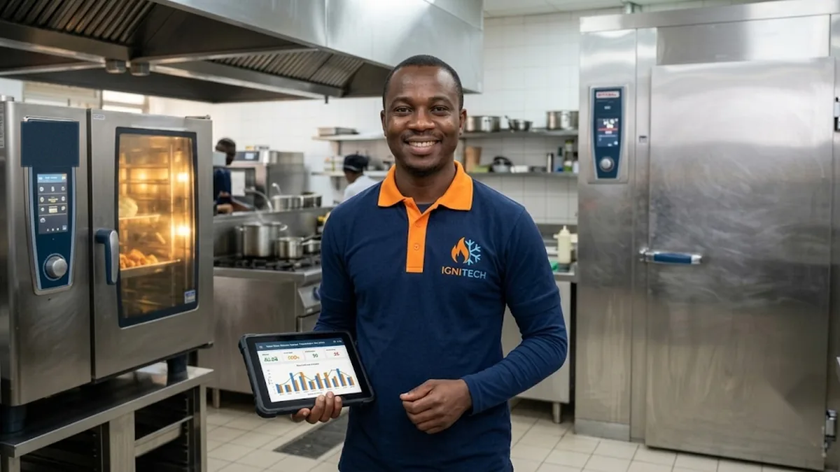 Technicien IGNITECH Services dans une cuisine professionnelle équipée